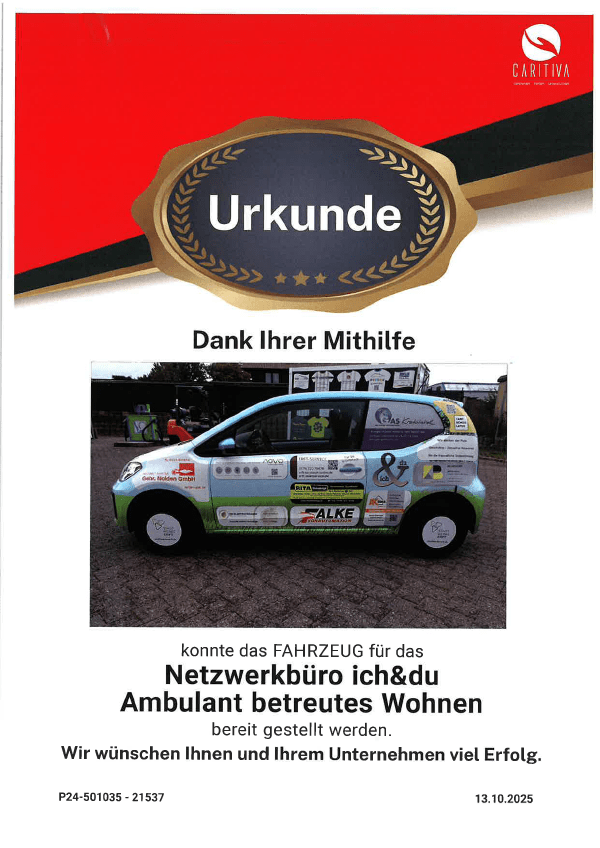 Urkunde Caritiva Fahrzeug Netzwerkbüro